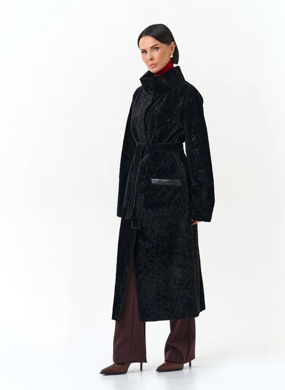 Женская двухсторонняя дубленка с поясом фото