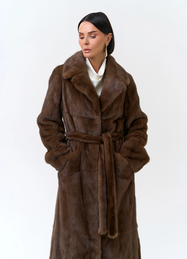 Длинная шуба из меха норки с поясом модель № 32591 универмаг малина