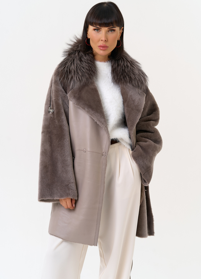 Женская натуральная дубленка с воротником из меха лисы модель № 31611 в рассрочку