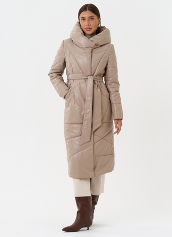 Женский пуховик из эко кожи с поясом