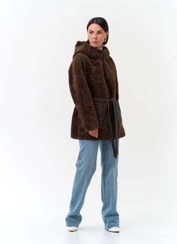 Женская дубленка из экомеха с карманами из экокожи