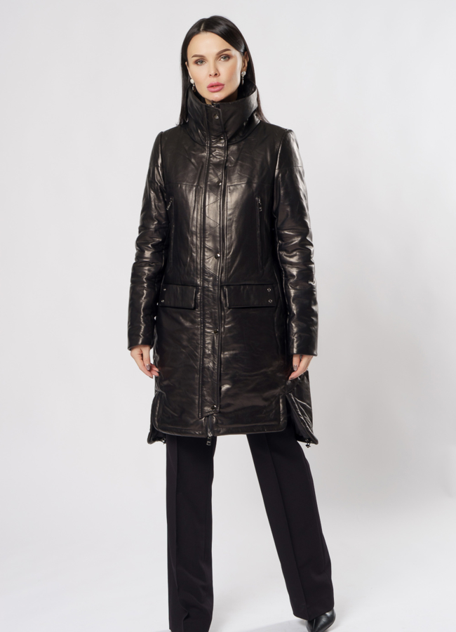 Пуховик из натуральной кожи на молнии черного цвета модель № 917 универмаг малина