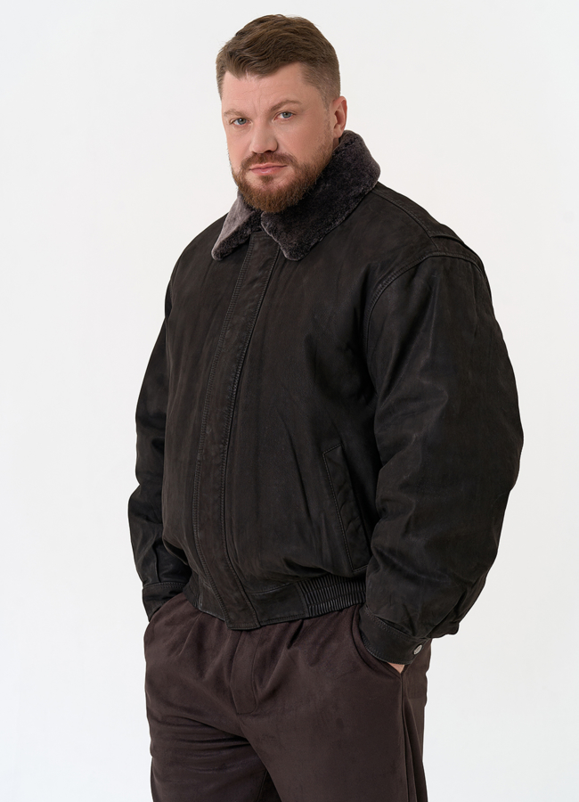 Куртка пилот из натуральной кожи с отделкой из овчины модель № 31659 меха малина
