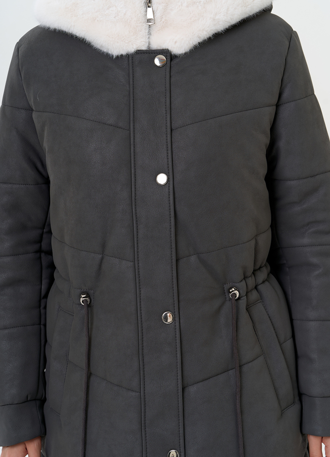 Женское пальто из эко кожи с капюшоном модель № 30731 универмаг малина