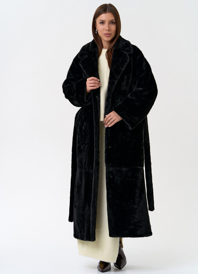 Длинное женское пальто из эко меха с английским воротником модель № 31220 универмаг малина