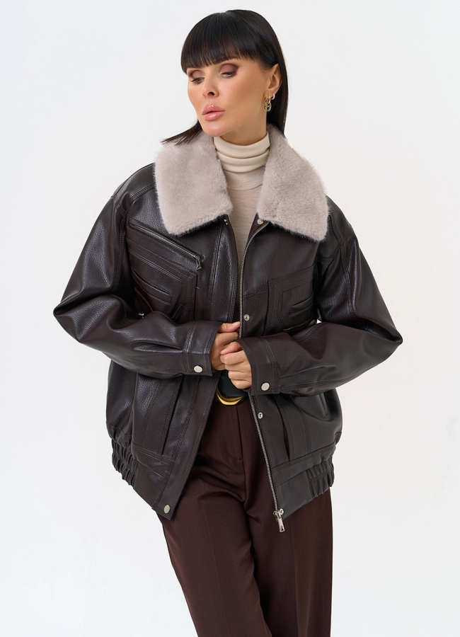 Женская утепленная куртка из эко кожи с воротником из эко меха модель № 30701 меха малина