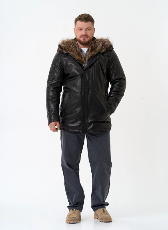 Мужская натуральная дубленка на волке с отделкой из меха енота