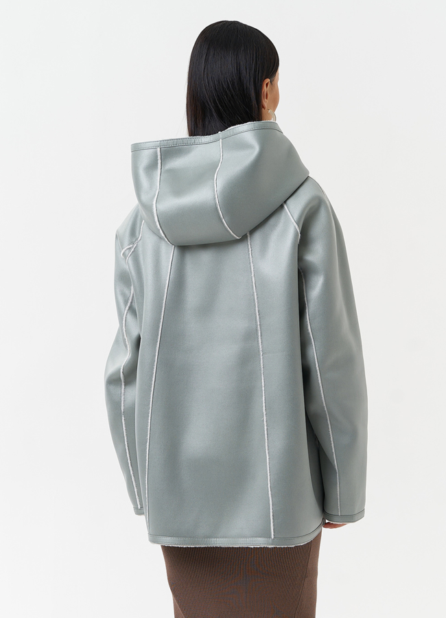 Женская дубленка из эко замши с капюшоном модель № 30204 в рассрочку