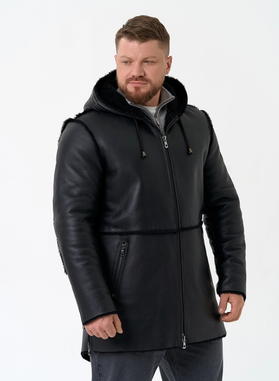 Мужская натуральная дубленка с капюшоном фото