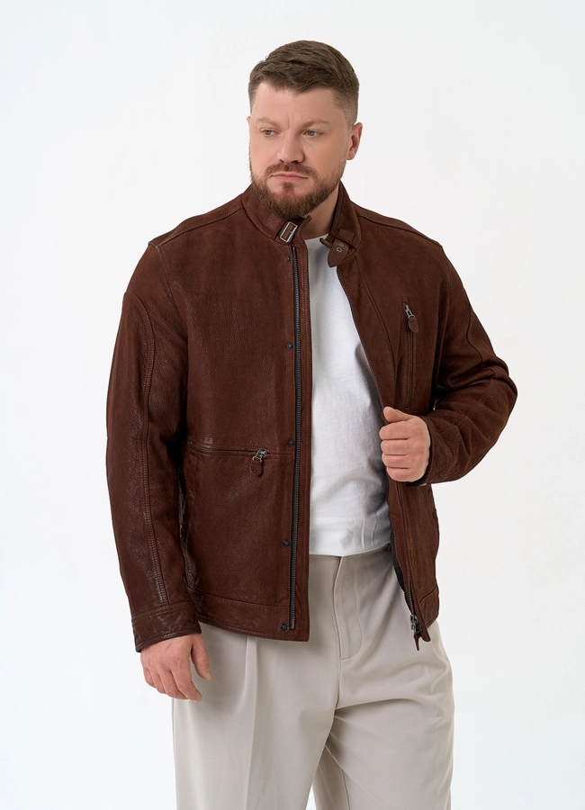 Мужская куртка из натуральной кожи коричневого цвета модель № 32746 меха малина