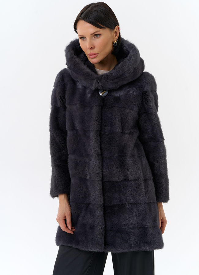 Норковая шуба в цвете графит с капюшоном  модель № 24954 универмаг малина