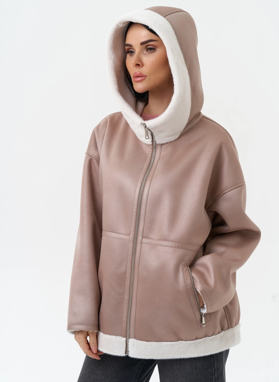 Женская дубленка из эко замши с капюшоном