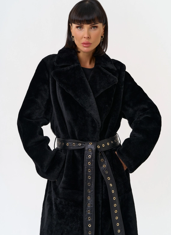 Женская натуральная дубленка с двойным поясом