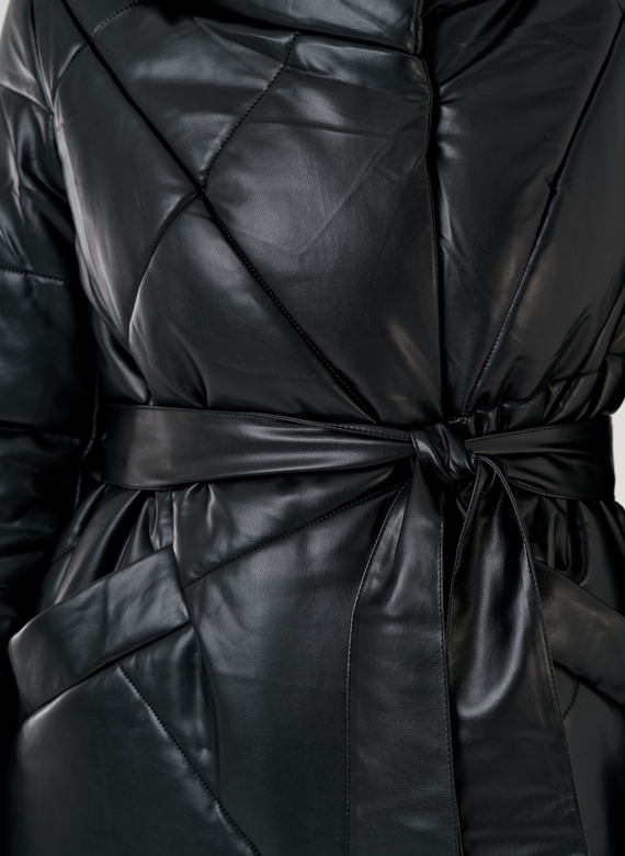 Черный длинный пуховик из эко кожи Malina Siberian