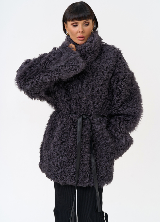 фото Женская двухсторонняя дубленка с декоративным поясом модель № 31617