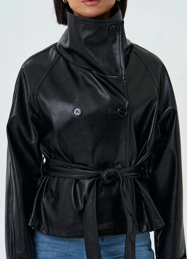 Женская куртка из эко кожи с поясом модель № 33145 универмаг малина