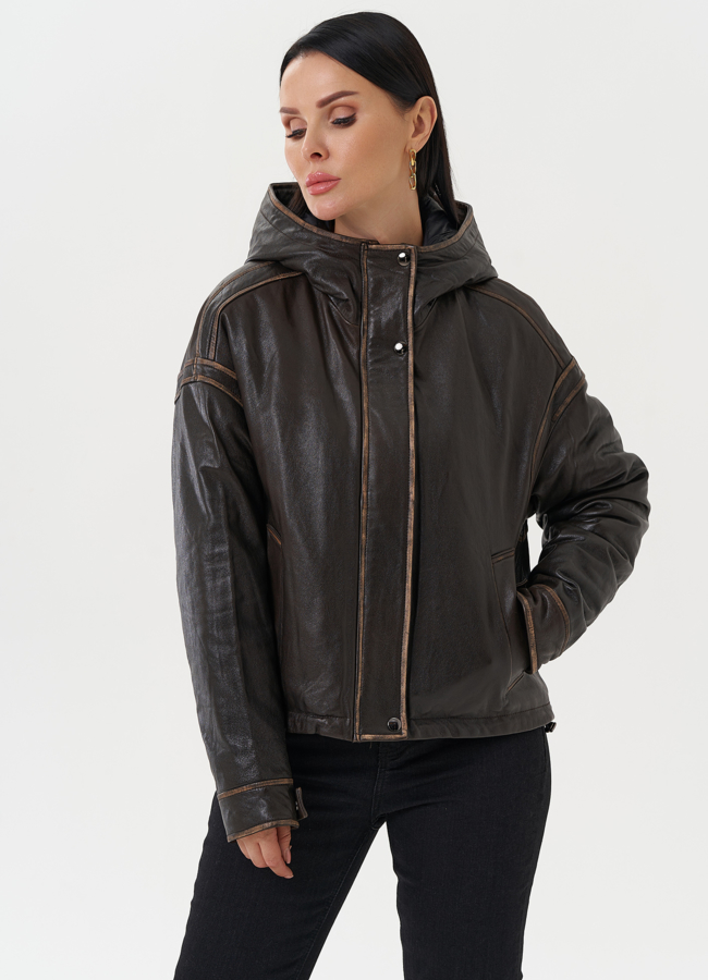 Куртка из натуральной кожи с капюшоном модель № 28115 меха малина