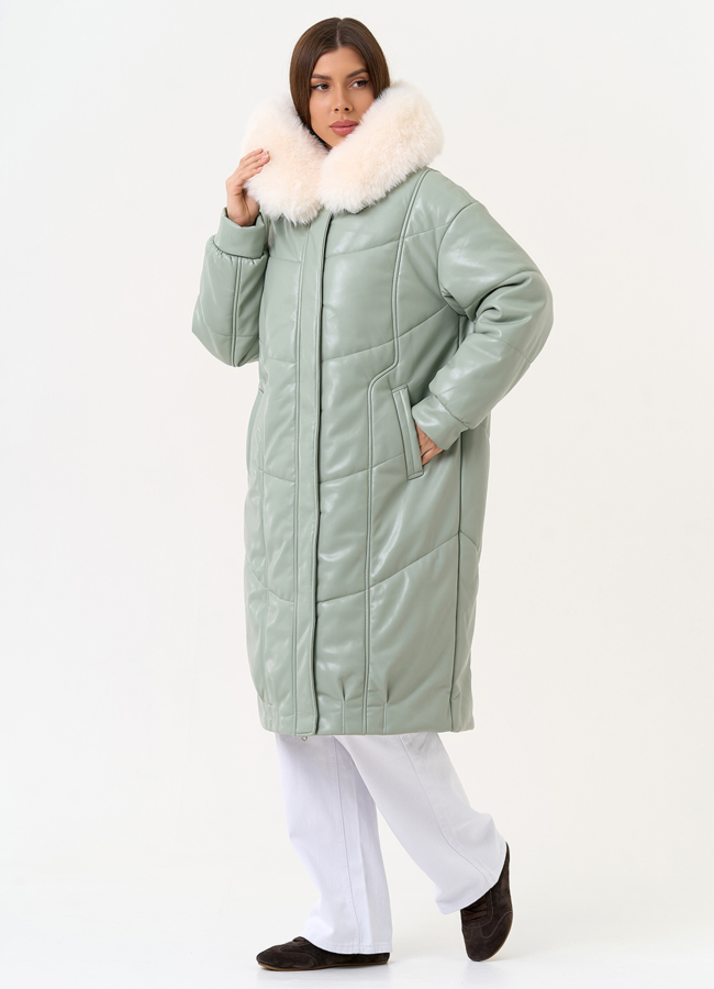 Женский пуховик из эко кожи с отделкой из эко меха модель № 30719 универмаг малина