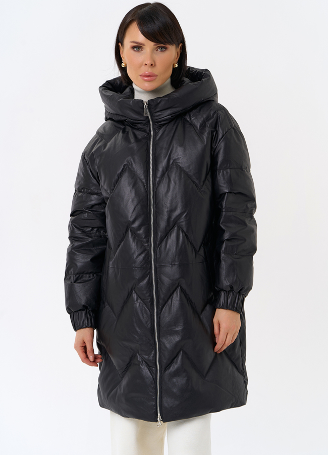 Длинный пуховик из кожи модель № 31215 меха малина