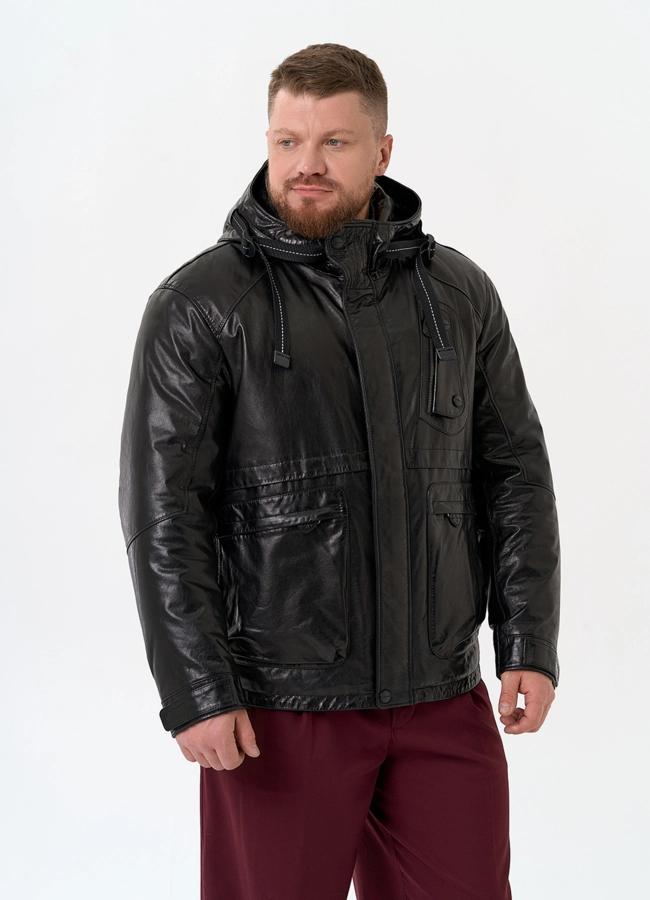 Мужская куртка из натуральной кожи с капюшоном модель № 32548 универмаг малина