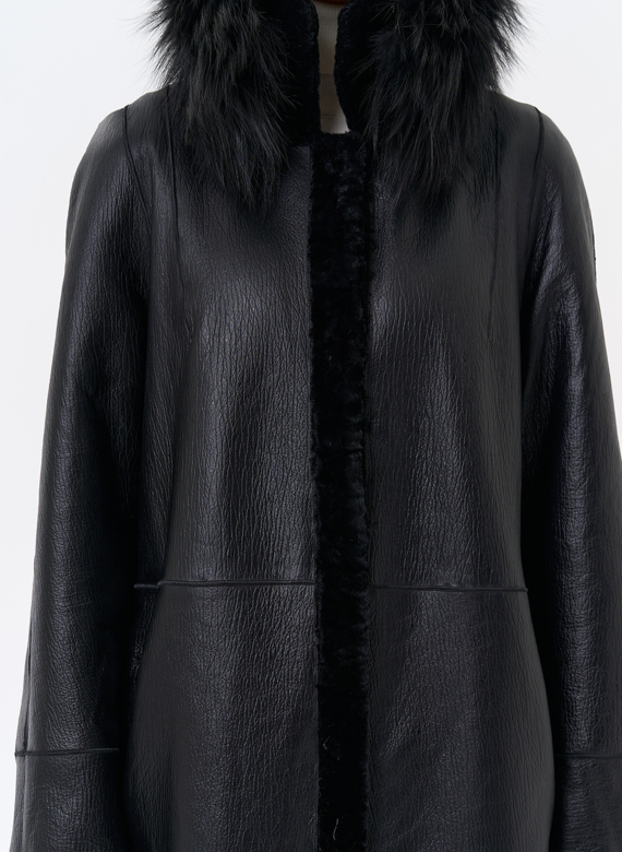 Женская двухстороняя дубленка с воротником из меха чернобурой лисы