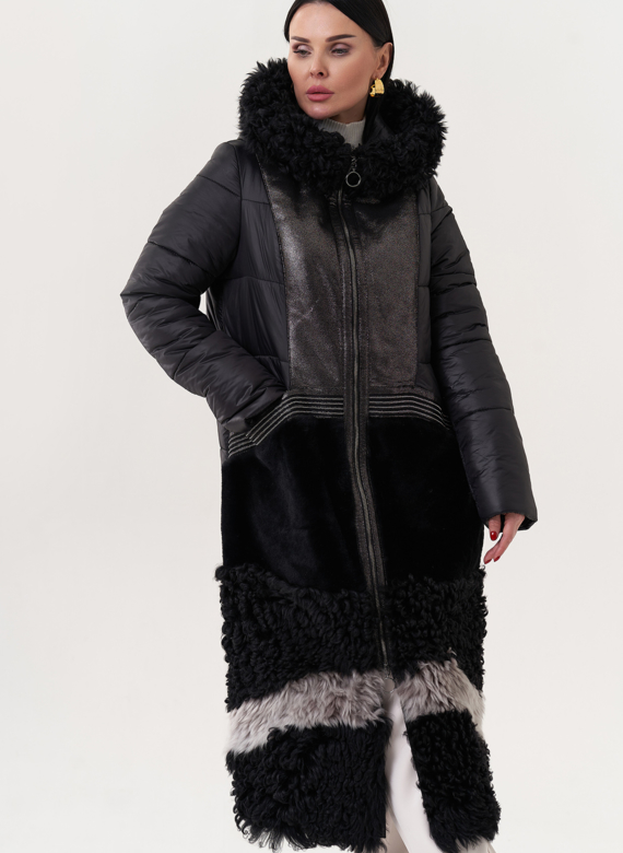 Комбинированный пуховик с капюшоном