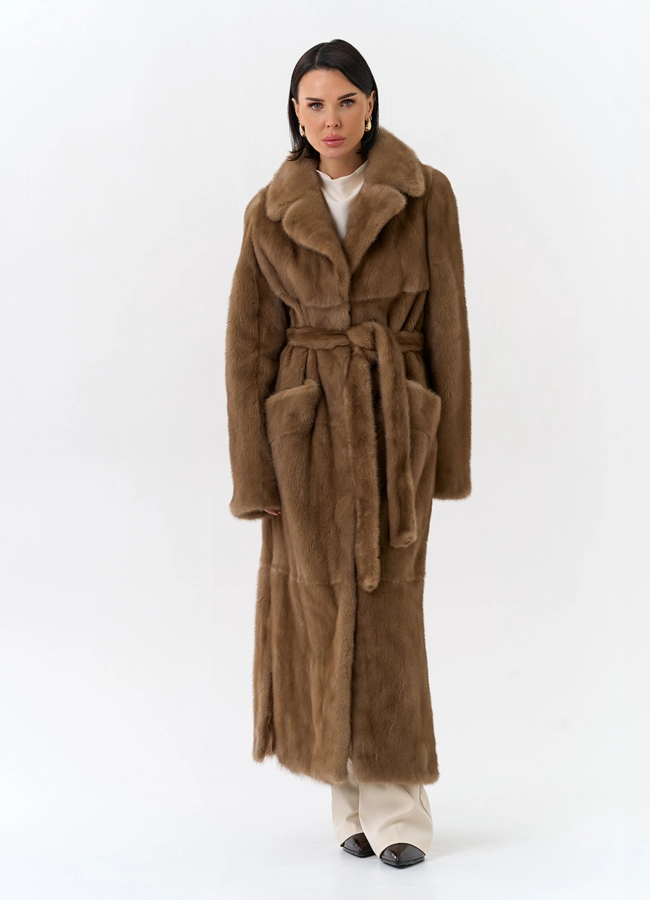 фото Длинная шуба из меха норки с английским воротником модель № 32067